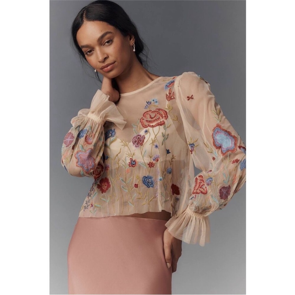 BY ANTHROPOLOGIE LONG-SLEEVE APPLIQUÉ MESH TOP